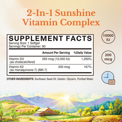Vitalitown Vitamin D3 K2 Supplement, Vitamin D3 10000 IU Vitamin K2 (MK7) 200 mcg, 90 Softgels, Non-GMO, No Gluten & Soy