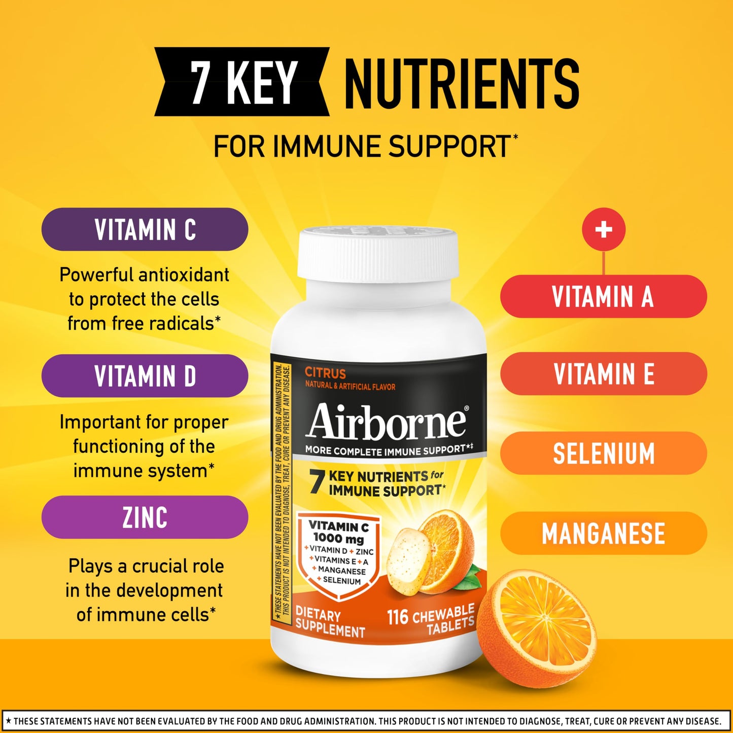 Airborne Vitamin C 1000mg (per Serving) - Citrus Chewable Tablets (116 Count in a Bottle), Gluten-Free Immune Support Supplement, with Vitamins A C E, Zinc, Selenium