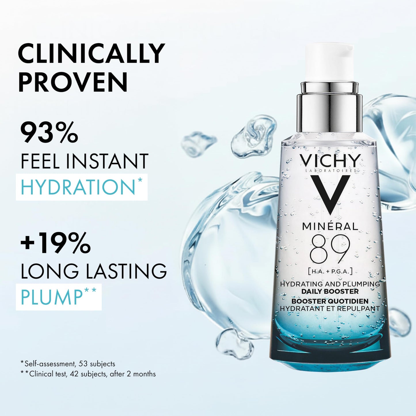 VICHY Mineral 89 Booster, Pure Hyaluronic Acid Serum for Face with Polyglutamic Acid for Skin Barrier Repair, Plumps & Hydrates