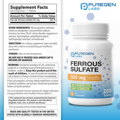 Puregen Labs Ferrous Sulfate 325 mg (65 mg Elemental Iron) High Potency Iron Supplement | No Artificial Color Additives - 200 Tablets