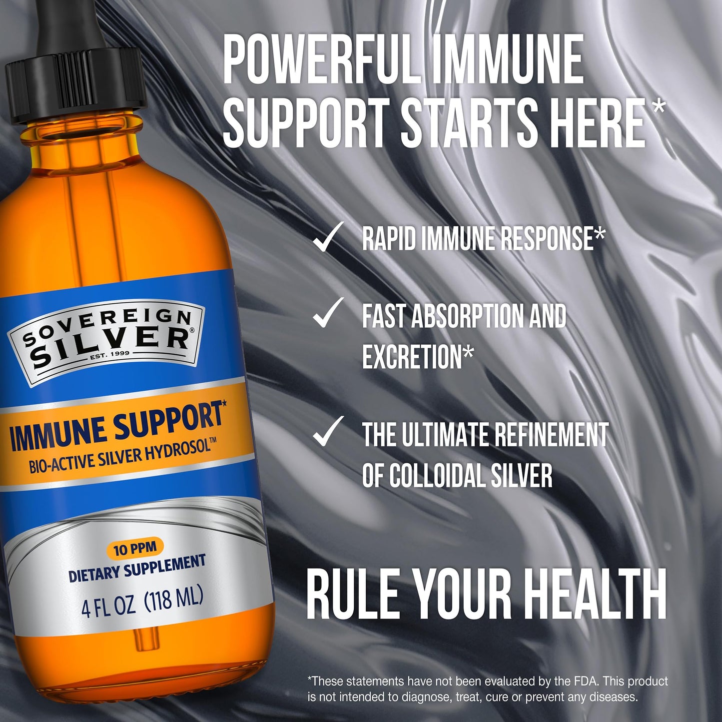 Sovereign Silver Immune Support - Colloidal Silver, Bio-Active Silver Hydrosol, 10 ppm, Liquid Dropper, 4 Fl Oz, (118 mL)