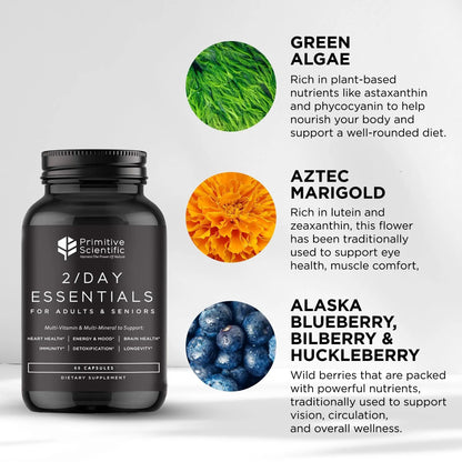 Primitive Scientific Whole Food Daily Essential Multivitamins for Adults and Seniors - 2X a Day - Vitamin A, C, D, E, B12 and Minerals Primitive Scientific