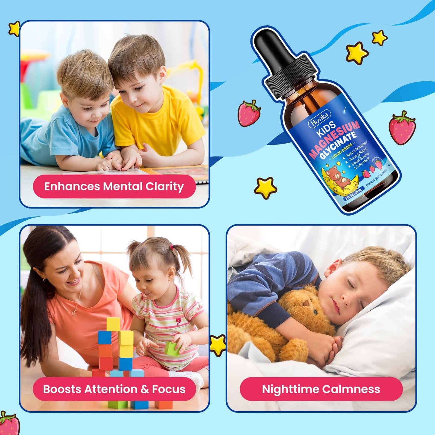 Magnesium Glycinate Liquid for Kids - with L-Theanine Omega-3, Vitamin B6, D3, Zinc - Kids Magnesium Drops for Sleep, Relaxation, Calm & Focus - 2 Fl Oz, Strawberry Flavor HovikaBuy Supplements Australia
