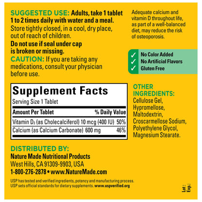Nature Made Calcium 600 mg with Vitamin D3, Dietary Supplement for Bone Support, 220 Tablets