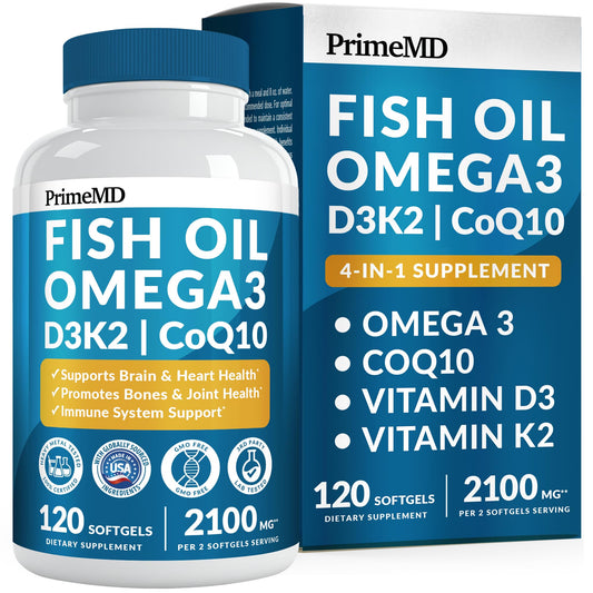 4-in-1 Fish Oil Omega 3 Fatty Supplements (2100mg) - Omega 3 Fish Oil with Vitamins D3 K2 and CoQ10 - Lemon Flavored (120 softgels) PrimeMD buy supplements Au
