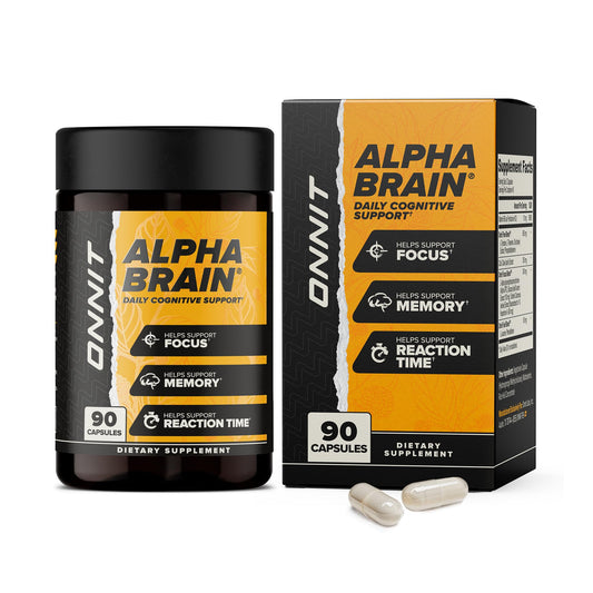 Alpha Brain supplement bottle and packaging on a white background