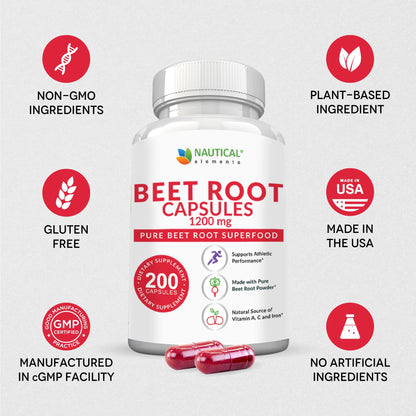 Beet Root Capsules - 1200mg Per Serving - 200 Beet Root Powder Capsules - Beetroot Powder Supports Blood Pressure, Athletic Performance, Digestive