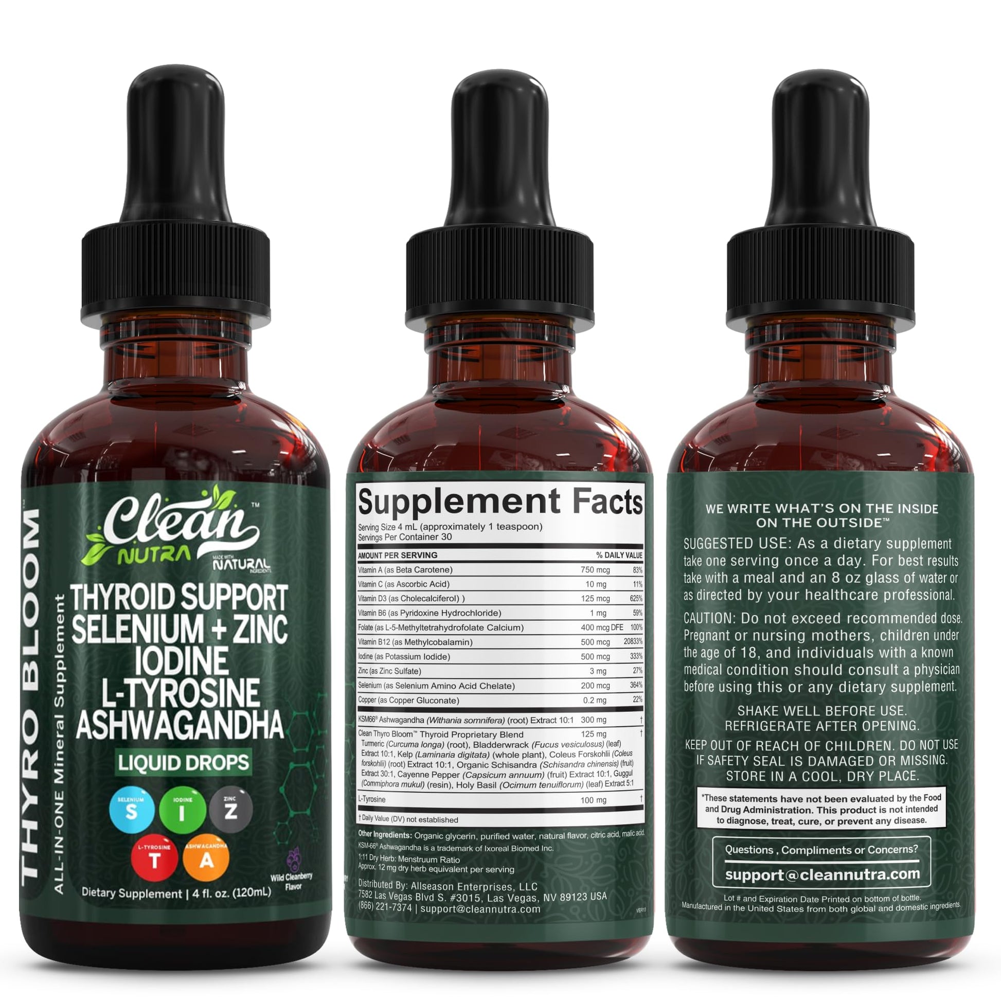 Clean Nutra Thyroid Support Drops Selenium Zinc Iodine L Tyrosine KSM66 Ashwagandha Vitamin D3 B12 A C Turmeric Kelp Schisandra Guggul Cayenne Basil Liquid Supplement Folate Copper Thyro Bloom Drop Clean NutraceuticalsBuy Supplements Australia