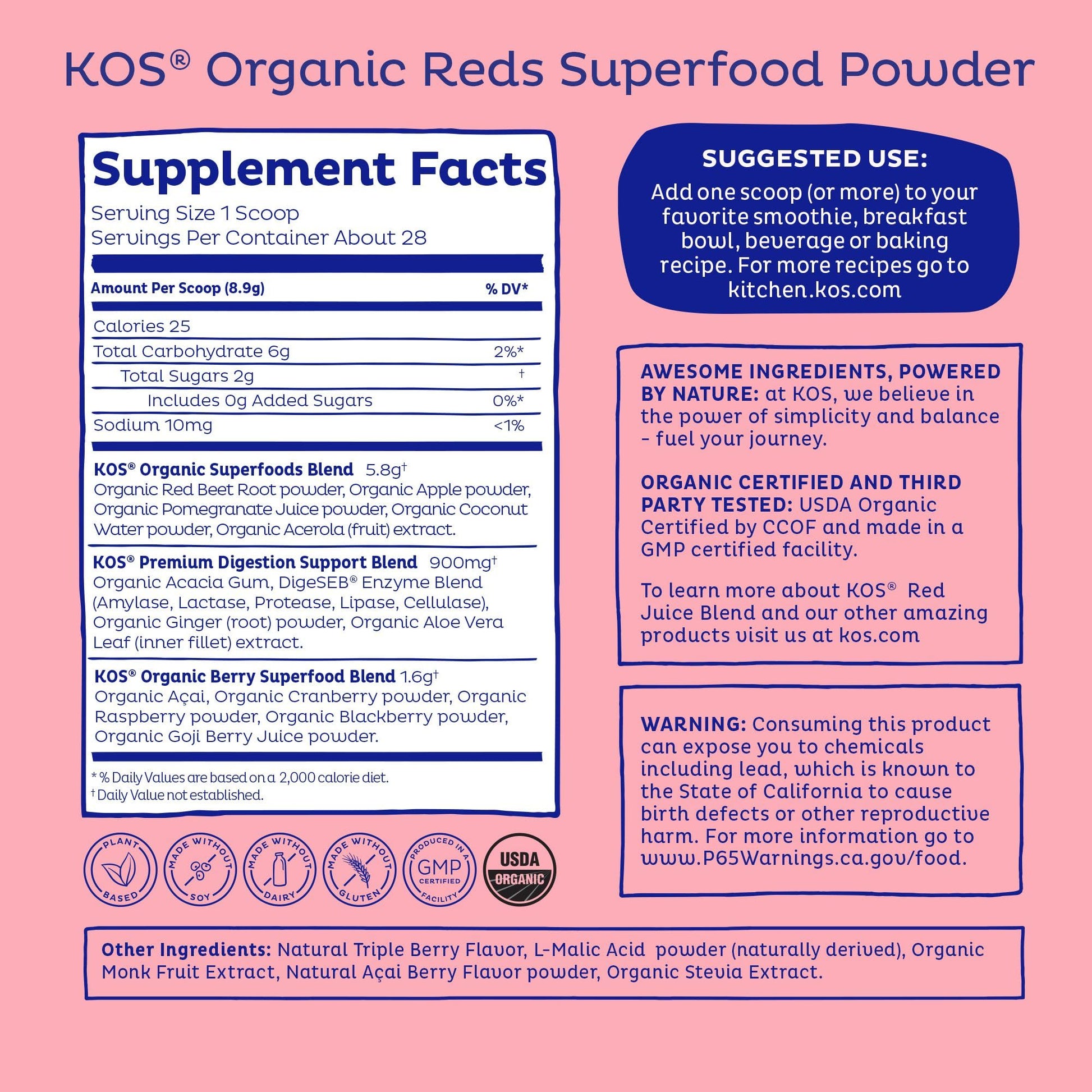 KOS Reds Superfood Powder for Antioxidants - USDA Certified Organic Beet Root, Goji Berries, Acai, Pomegranate, Coconut Water & Digestion Enzymes- Goji Berry Popsicle Flavor Juice Mix - 28 Servings KOS buy supplements Au