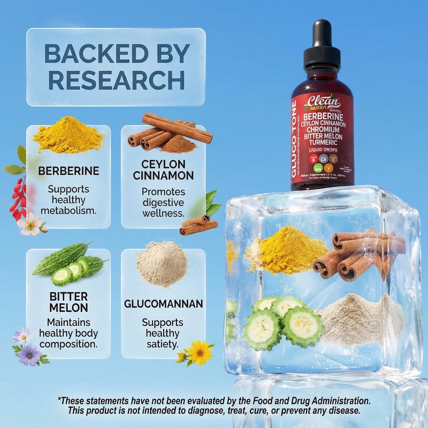 Clean Nutra Berberine with Ceylon Cinnamon Supplement Liquid Drops + Bitter Melon Extract, Glucomannan, Gymnema, Chromium, Turmeric, Organic Panax Ginseng, Moringa GLP-1 Support Clean Nutraceuticals buy supplements Au