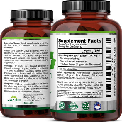 Zazzee Extra Strength Citrus Bergamot 200:1 Extract 1200 mg, 80% Polyphenols, 120 Vegan Capsules, Standardized 200X Potency