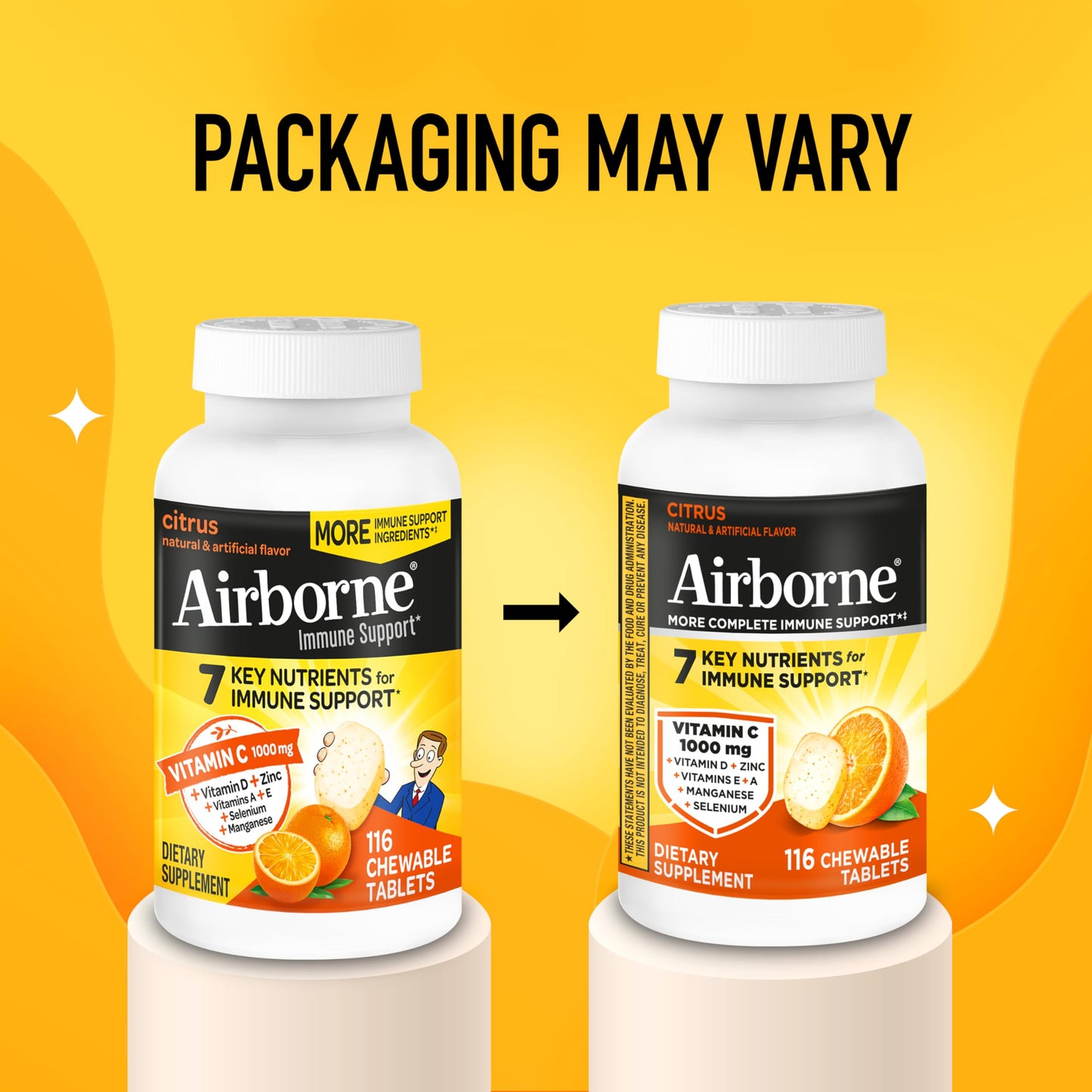 Airborne Vitamin C 1000mg (per Serving) - Citrus Chewable Tablets (116 Count in a Bottle), Gluten-Free Immune Support Supplement, with Vitamins A C E, Zinc, Selenium