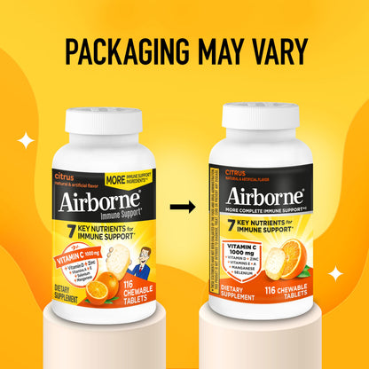 Airborne Vitamin C 1000mg (per Serving) - Citrus Chewable Tablets (116 Count in a Bottle), Gluten-Free Immune Support Supplement, with Vitamins A C E, Zinc, Selenium