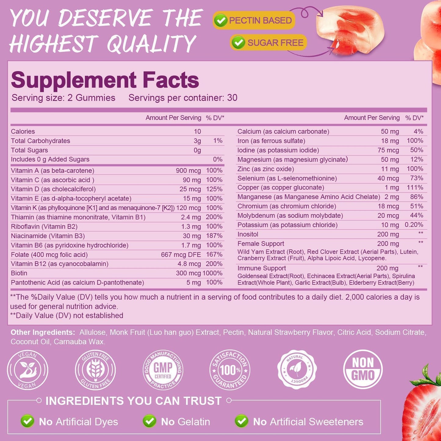 Totaria Sugar Free Multivitamin Gummies for Women 14+ w/Iron, Inositol, Folate, Biotin, Womens Daily Multivitamin Gummy w/Vitamin A, C, B, D3, K2, for Hair, Skin,