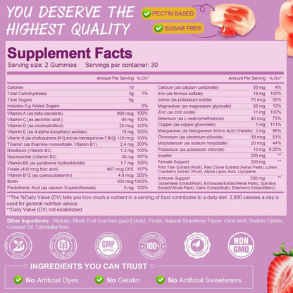 Totaria Sugar Free Multivitamin Gummies for Women 14+ w/Iron, Inositol, Folate, Biotin, Womens Daily Multivitamin Gummy w/Vitamin A, C, B, D3, K2, for Hair, Skin,