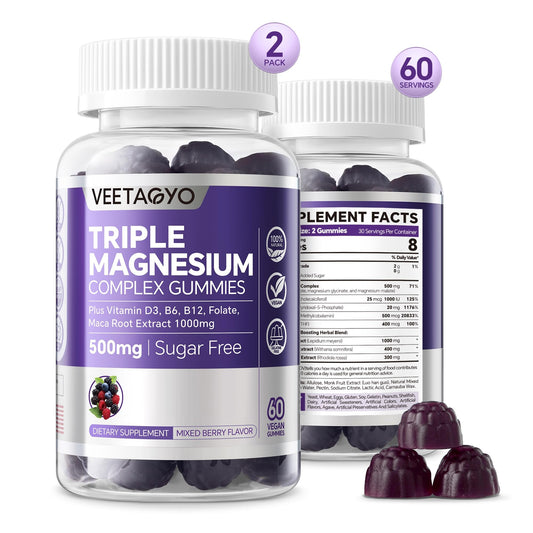 VEETAGYO Magnesium Gummies 500mg 400mg | High Absorption, Bone, Nerves, Muscle | 3 Forms of Magnesium Complex Supplement Glycinate,Taurate,Malate