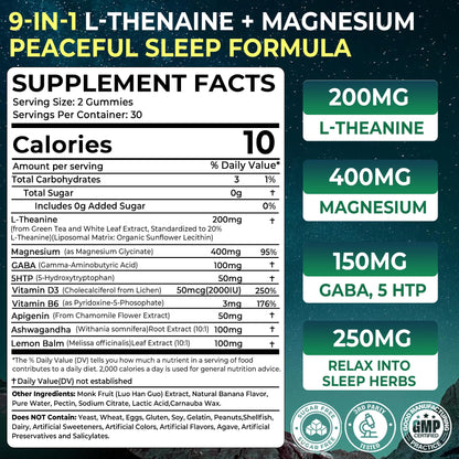 Liposomal L-Theanine 200mg Magnesium Glycinate 400mg Gummies with GABA, 5HTP, Apigenin, Vitamin B6 & D3, Ashwagandha, Lemon Balm Leaf, Melatonin Free Sleep