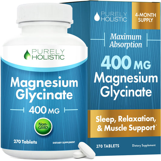 Supplement bottle and packaging of Purely Holistic Magnesium Glycinate 400 mg with blue and white design.