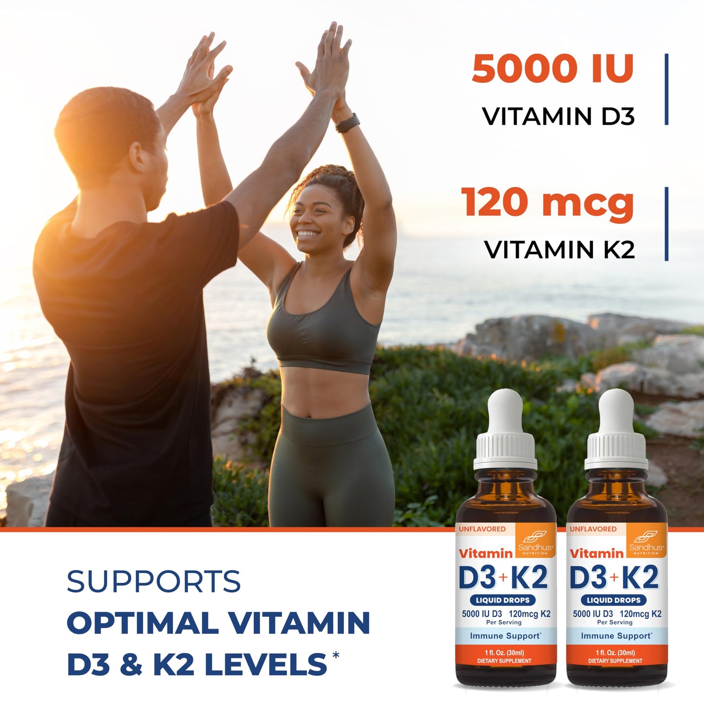 Sandhu's Vitamin D3 K2 Drops for Adults | 5000 IU D3 Liquid, 120mcg K2 Supplement 1 Fl Oz (Pack of 2) | D3K2 Supports Superior Absorption