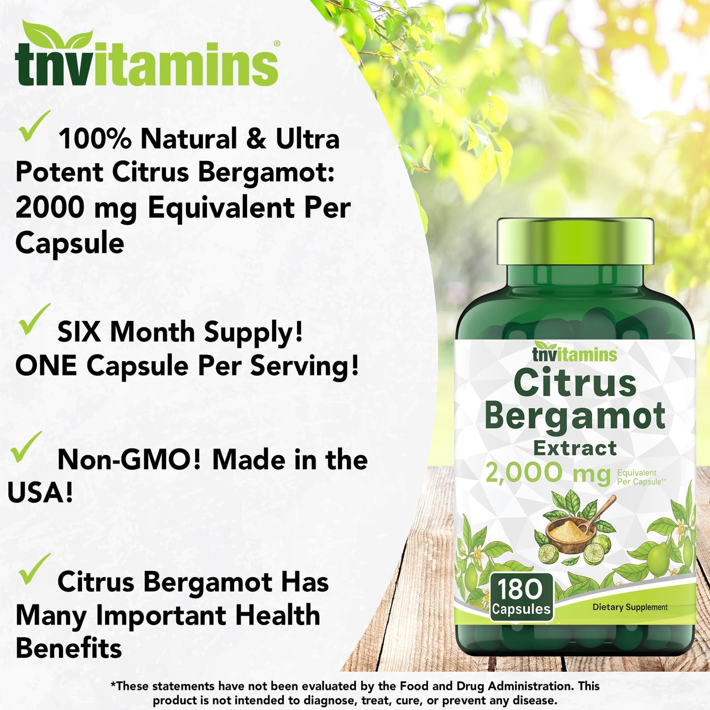 tnvitamins Citrus Bergamot 2000mg - 180 Capsules | Ultra Potent Citrus Bergamot Supplement 2000 mg Per 1 Capsule Serving