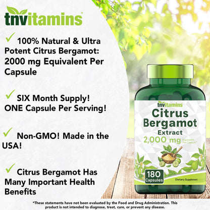 tnvitamins Citrus Bergamot 2000mg - 180 Capsules | Ultra Potent Citrus Bergamot Supplement 2000 mg Per 1 Capsule Serving
