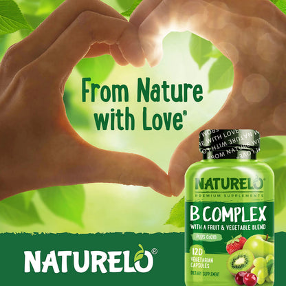 NATURELO Vitamin B Complex,120 Capsules, Vegan, CoQ10, Methyl Folate, Biotin, Fruit & Veg Blend, Supports Energy and Healthy Stress Response