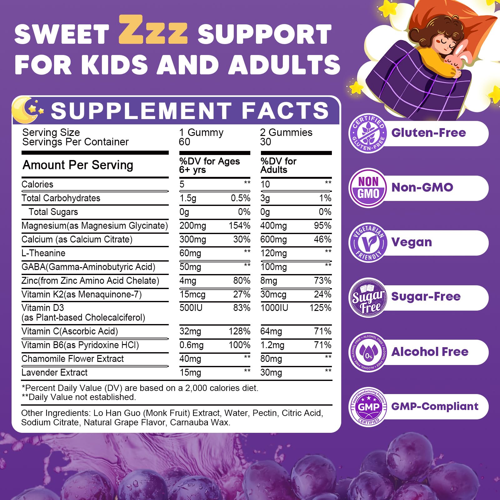 Sugar Free Magnesium Glycinate Gummies for Kids & Adults - Zzz Support, Relaxation & Cognition Support, 200/400mg Magnesium Gummies with L-Theanine, GABA, Calcium, B6, D3, C & K2, Grape Flavor, 60 Ct JIANKYTZBuy Supplements Australia