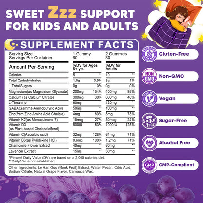 Sugar Free Magnesium Glycinate Gummies for Kids & Adults - Zzz Support, Relaxation & Cognition Support, 200/400mg Magnesium Gummies with L-Theanine, GABA, Calcium, B6, D3, C & K2, Grape Flavor, 60 Ct JIANKYTZBuy Supplements Australia