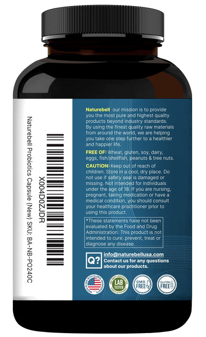 NatureBell Probiotic 200 Billion CFU – 40 Strains Per Serving | 240 Veggie Capsules with Prebiotics and Probiotics – Full Spectrum Complex with Enzymes