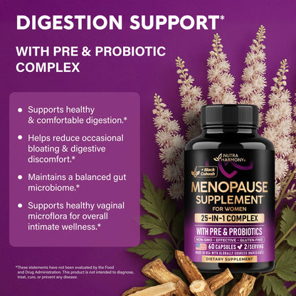 Menopause Supplements for Women - Dong Quai, Black Cohosh, Pre & Probiotics - Sweats & Hot Flashes Relief - Digestion, Sleep & Mood Support - 25-in-1 Perimenopause Complex