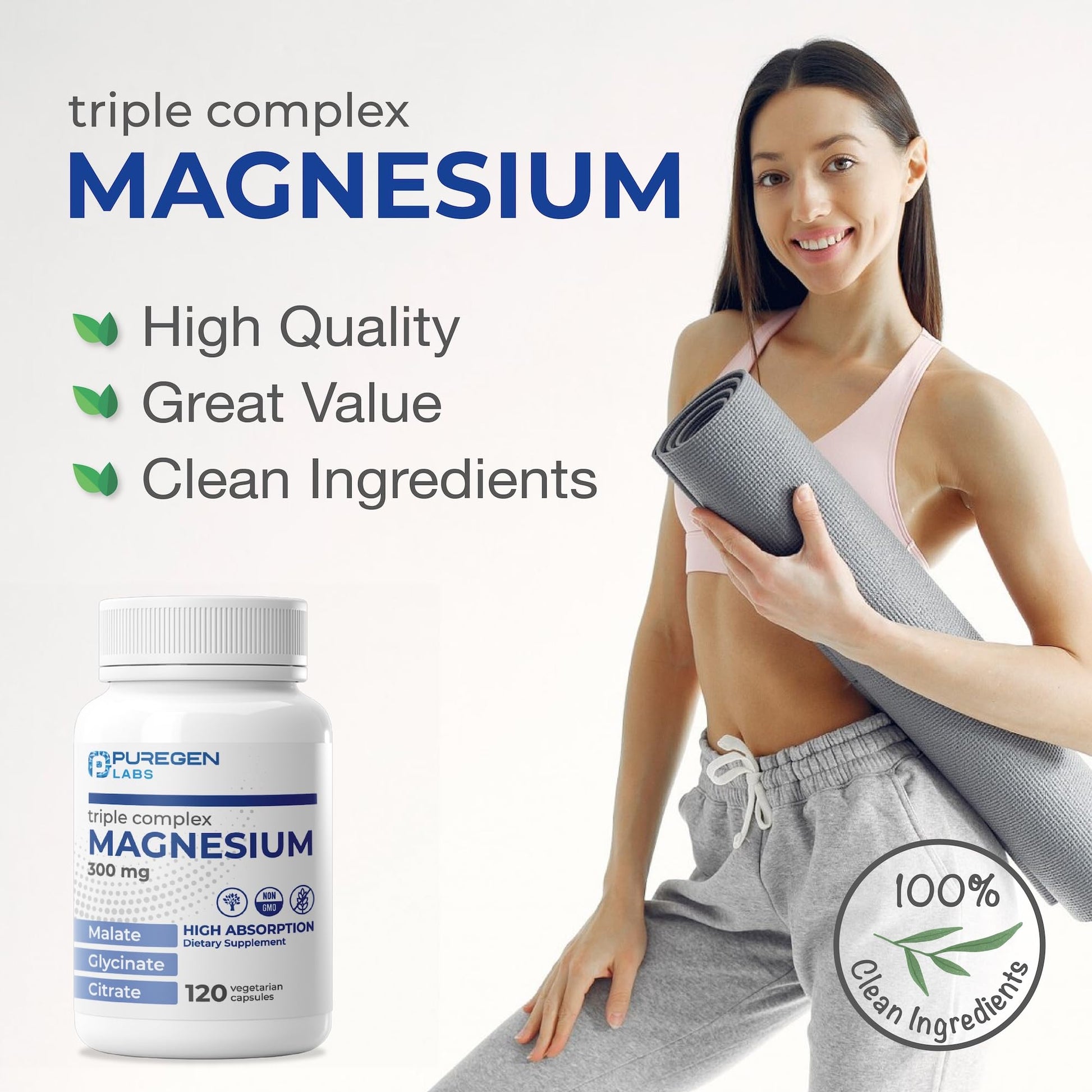 Puregen Labs Triple Magnesium Complex 300mg of Magnesium Glycinate, Malate, & Citrate [High Absorption] 120 Veg Capsules | No Harmful Additives | Non-GMO, NO Gluten and Dairy P Puregen Labs buy supplements Au