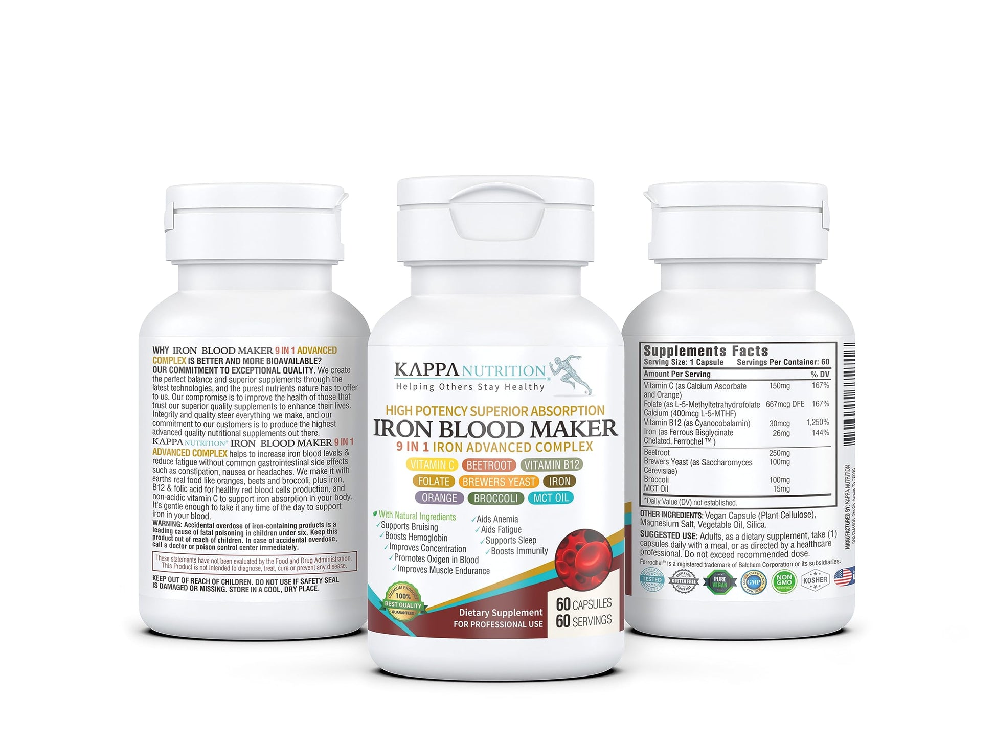 KAPPA NUTRITION Iron 26mg, Vitamin C & Orange 150mg, Folate 667mcg DFE, Vitamin B12, Beetroot, Brewers Yeast, Broccoli & MCT Oil 9 in 1 Advanced Complex (60 Capsules) KAPPA NUTRITIONBuy Supplements Australia