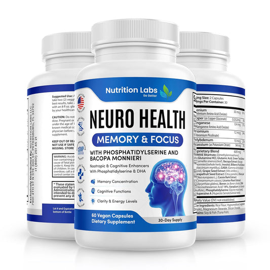 Nootropic & Neuro Brain Supplement for Memory & Focus Support. Clinically Tested Vitamins for Mental Support & Cognitive Clarity W/Bacopa Monnieri, VIT A, B6, Riboflavin, Niacin, Thiamin & Folate NUTRITION LABS BE BETTERBuy Supplements Australia