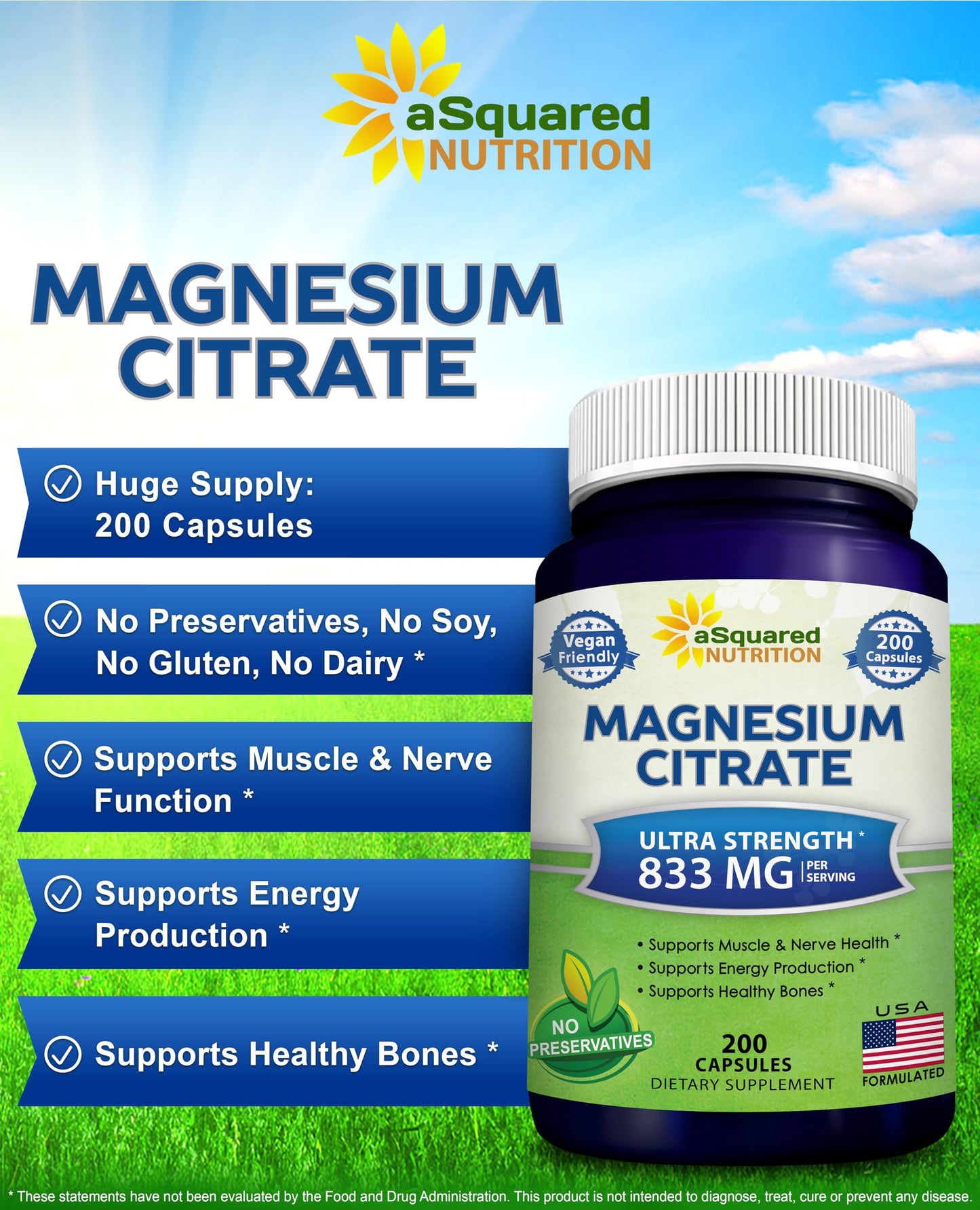 aSquared Nutrition Magnesium Citrate 833mg Supplement - 200 Capsules - Max Strength Vegan Mag Citrate Powder Pills to Support Pure Function of Muscles,
