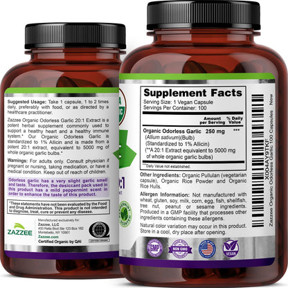 Zazzee USDA Organic Odorless Garlic 20:1 Extract, 1% Allicin, 100 Vegan Capsules, 3+ Month Supply, Allium Sativum, Immune, Circulation & Heart Health Support