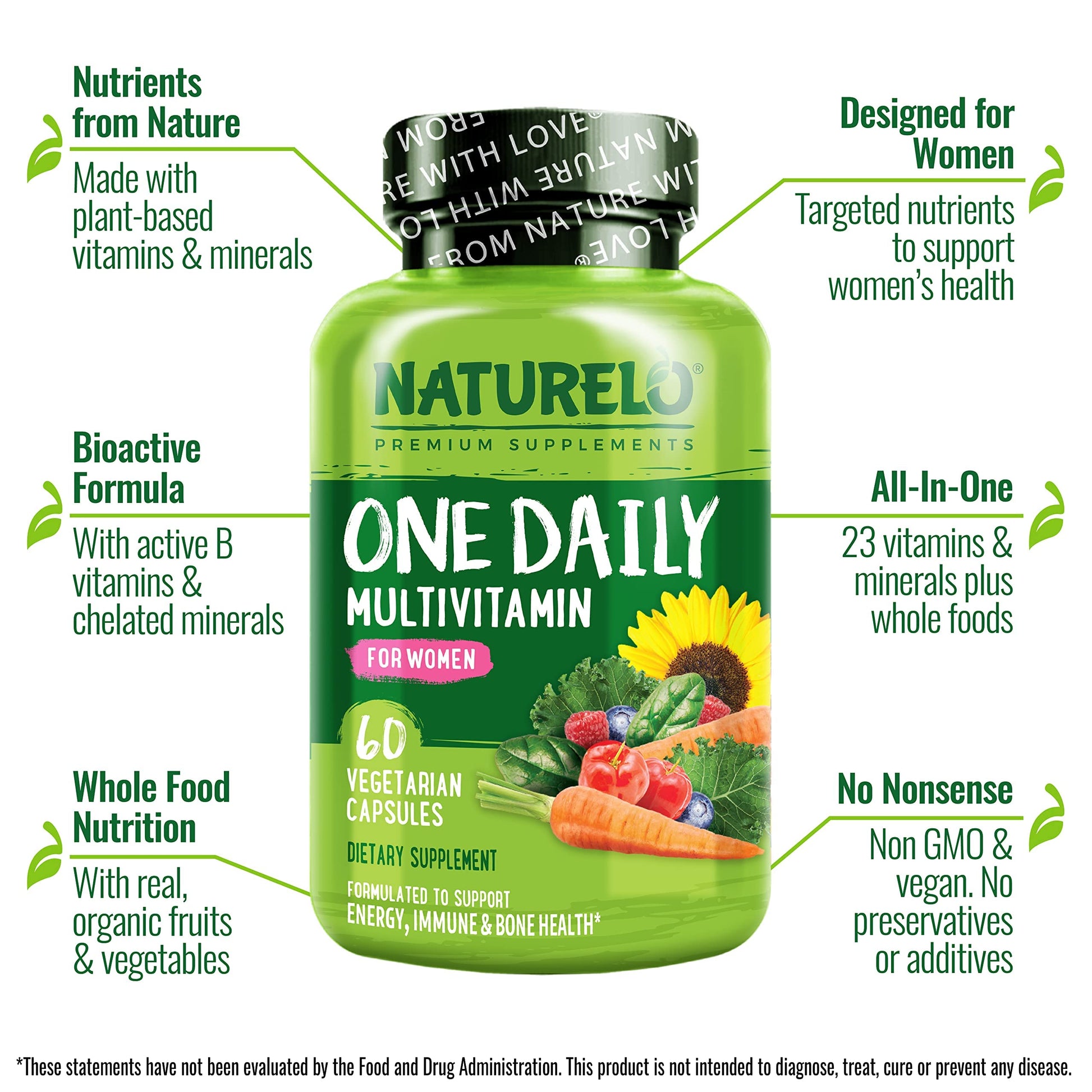 NATURELO One Daily Multivitamin for Women w/Vitamin B12, 60 Ct, Energy Support, Whole Food Daily Women Multivitamin Supplement, Nourish Hair/Skin/Nail, Non-GMO, No Soy, Gluten Free, 2 Month Supply NATURELO buy supplements Au