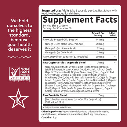 Garden of Life CoQ10 200mg, Vegetarian Omega 3 6 9 Supplement Raw Co Q 10 Chia Seed Oil, Whole Food Nutrition with Antioxidant Support