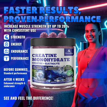 GlucoBio Creatine Monohydrate Gummies (5g) – Pre-Workout Energy & Muscle Growth Support for Men & Women