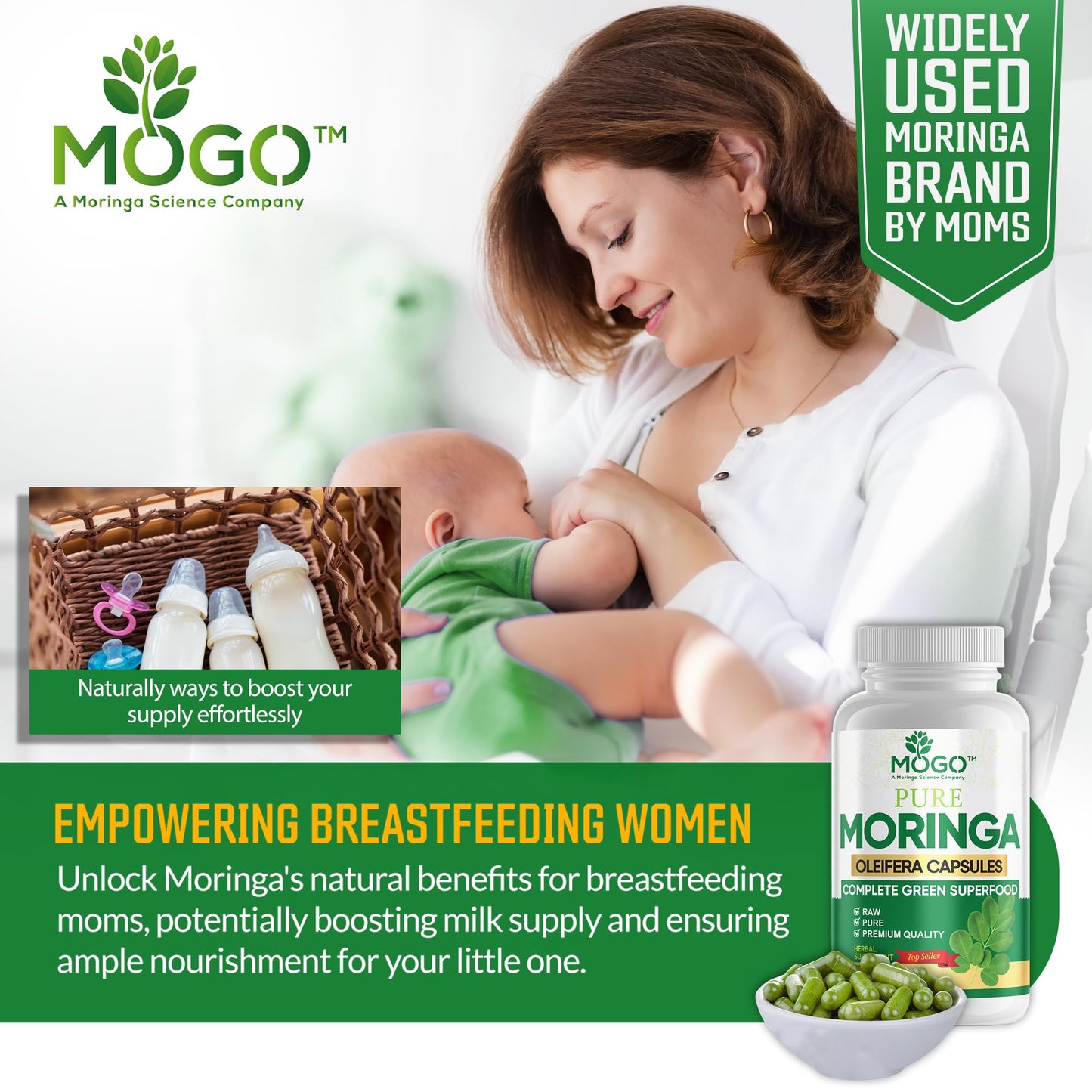 MOGO Moringa Capsules -180 Ct| Boost Energy, Immune, Gut, Joint Support | Made with Pure Organic Moringa Powder Organic Capsules | Made in USA