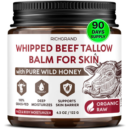 RICHGRAND Beef Tallow for Skin - Whipped Tallow and Honey Balm - Grass Fed Beef Tallow for Face, Daily Moisturizer & Body Butter