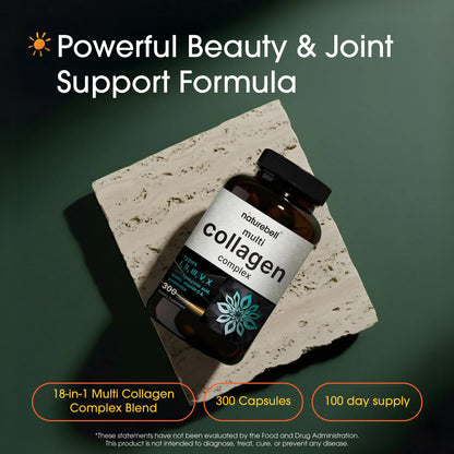 NatureBell Multi Collagen Complex - 300 Capsules - 5 Collagen Peptides (Type I, II, III, V, X), Hyaluronic Acid, Biotin & Probiotics - Hair, Skin, Nail, Joint & Gut Health Support* NatureBell buy supplements Au