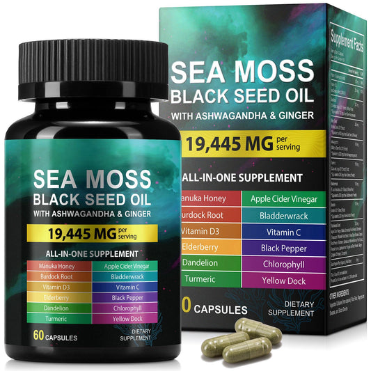 Sea Moss Black Seed Oil Ashwagandha Ginger, Sea Moss Capsule Supplement with Turmeric Burdock Root Bladderwrack Vitamin C Vitamin D3 Enhanced Immunity & Energy Black Seed Oil Capsule 60 Count HUYEHFBuy Supplements Australia