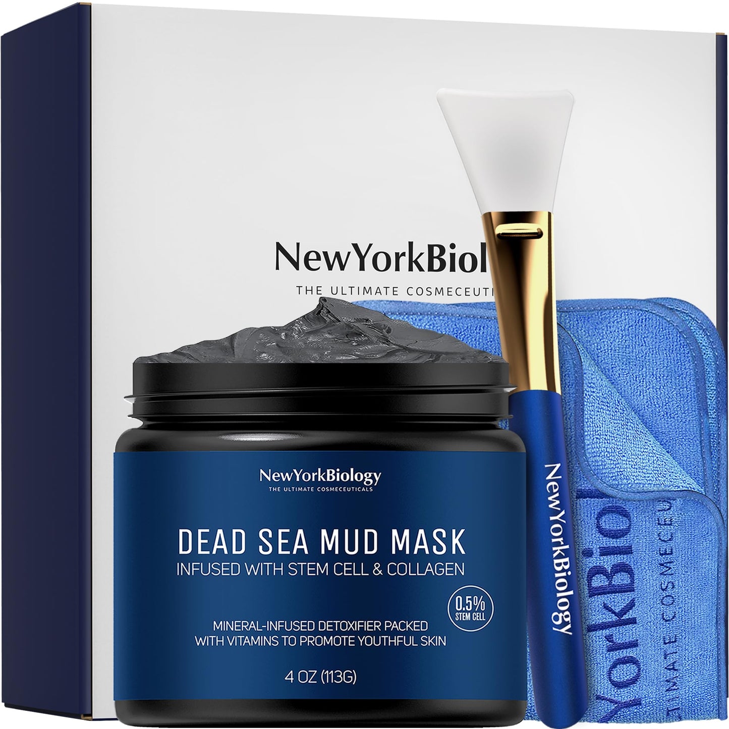 New York Biology Dead Sea Mud Mask for Face & Body | with Stem Cell and Collagen | Face Mask, Brush Applicator, Towel | Spa Quality Pore Refiner for Oily Skin