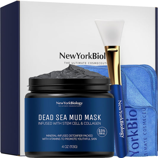 New York Biology Dead Sea Mud Mask for Face & Body | with Stem Cell and Collagen | Face Mask, Brush Applicator, Towel | Spa Quality Pore Refiner for Oily Skin