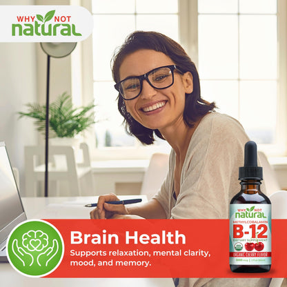 Why Not Natural Organic Vitamin B12 Liquid - Sublingual Extra Strength 60 x 5000 mcg Methylcobalamin Drops, Vegan,