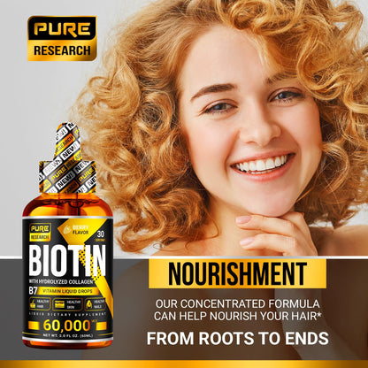 PURE RESEARCH Liquid Biotin & Collagen Hair Growth Drops 60,000mcg – Biotin and Liquid Collagen Supplements for Women & Men – Supports Glowing Skin