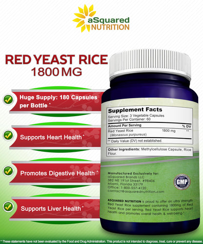 aSquared Nutrition Red Yeast Rice 1800mg - Dietary Supplement Vegan Powder Pills to Support Cardiovascular Health - 180 Veggie Capsules