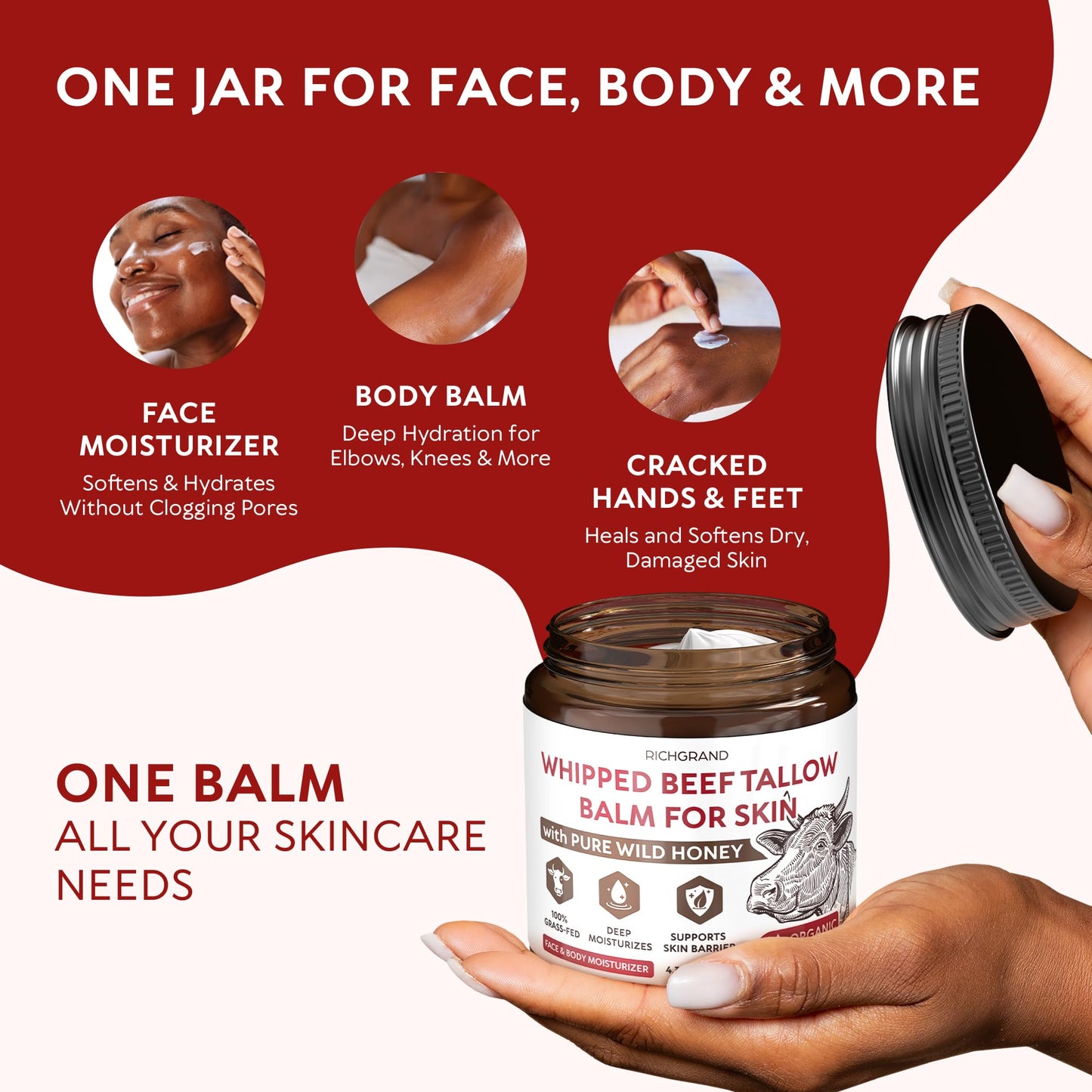 RICHGRAND Beef Tallow for Skin - Whipped Tallow and Honey Balm - Grass Fed Beef Tallow for Face, Daily Moisturizer & Body Butter