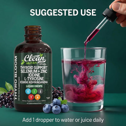 Clean Nutra Thyroid Support Drops Selenium Zinc Iodine L Tyrosine KSM66 Ashwagandha Vitamin D3 B12 A C Turmeric Kelp Schisandra Guggul Cayenne Basil Liquid Supplement Folate Copper Thyro Bloom Drop Clean NutraceuticalsBuy Supplements Australia