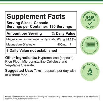 Magnesium Glycinate 400mg | 180 Capsules | Sleep, Muscle, & Heart Support | Vegan, Third Party Tested, Gluten Free, Non-GMO, by Double Wood Supplements Double Wood SupplementsBuy Supplements Australia